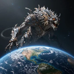 gigantic eldritch creature watching earth from space, digital art, realistic, detailed, artstation