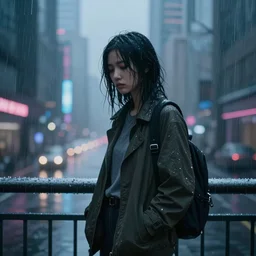 girl standing, cyberpunk city,sad, rainy, trending on artstation, 4k, digital art