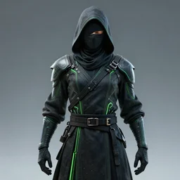 concept artwork of a hooded ninja warrior in cyber and dark clothes, neon green lines, trending on artstation, 8 k 3 d full hd, by dan mumford, j. m. w. turner, franz xaver winterhalter