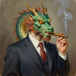oil painting of a dragon wearing a suit and smoking a cigar