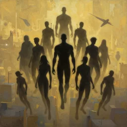 cyberpunk, many silouettes of flying people, like a group of superheroes, group, many figures, atmospheric lighting, painted, intricate, golden hour, ultra detailed by peter gric, giger, enki bilal