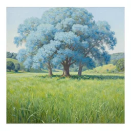 A beautiful, very highly detailed oil painting of a huge field with tall, green grass and lots of huge trees with light blue leaves, in a valley surrounded by small hills, by Greg Rutkowski.