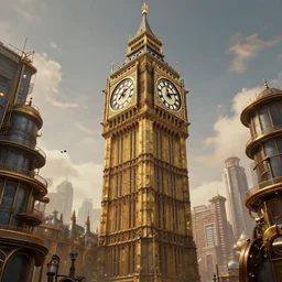 gigantic clock tower looming over a steampunk city, brass, metallic, warm, 8 k, 4 k, unreal