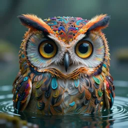 intricate colourful murky with strange cute friendly owl with huge beauty eyes appearing from the water, in the style of craola, shallow depth of field, highly detailed, digital painting, trending artstation, concept art, illustration, cinematic lighting, vibrant colors, photorealism, epic, octane render