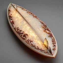 surf board by sculptor robin wight warm glow, metallic colors, glass, oxidized copper led light, highly detailed and intricate, hdr, hyper detailed, ornate, elegant, luxury, focus, artstation, wlop, micro details, 3 d sculpture, structure, ray