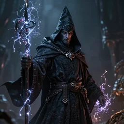 a dark wizard in a cloak with streams of magic lights sorround him, hyperrealistic, detailed, depth of field, octane render, artstation