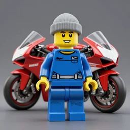a lego minifigure wearing a blue jean and blue t - shirt, he also wears a grey beanie, there is a ducati panigale behind him, 3 d octane render, artstation, concept art, smooth, sharp focus ilustration hq, octane render, hyperrealistic, aenaluck, artgerm and roberto ferri and greg rutkowski