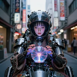 hologram transparent beautiful face geisha girl, touching a plasma ball with hands, wet hair vertical, mechanical helmet from engine parts, sitting on iron pilot seat, cloth from motor parts, Tokyo subway alley, neon signs, Osaka skyline background, glass reflections on top, morning city, low contrast, 20 percent high frequency details, 35 mm lens, by Rembrand —H 960