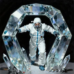 portrait of a scientist in a hazmat suit entering the crystal prism dimensional gateway by frank frazetta