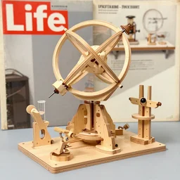 realistic photo of a a wooden astronomy archeology chemistry scientific appliance model equipment gadget made of wooden constructor 1 9 9 0, life magazine reportage photo, natural colors, metropolitan museum collection