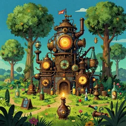 steampunk!!!! steam machines, bottles trees, garden, grainy texture, infographic with illustrations, glowing lights, epic fantasy, colorfully, digital art, highly saturated colors, concept art, detailed illustration, hd, 4 k, digital art, greg rutkowski, dan mumford, studio ghibli trending on artstation