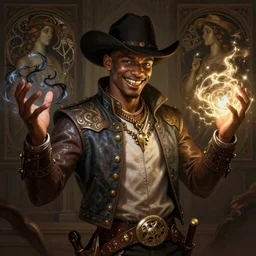 regal handsome young African-American cowboy with a smirk and gold teeth with a nice eyes catch light, holding dark and light magic in both hands, volumetric lighting, D&D, fantasy, intricate, cinematic lighting, highly detailed, digital painting, artstation, concept art, smooth, sharp focus, no crop, full body, illustration, art by Greg Rutkowski and Alphonse Mucha and Jacob Lawrence