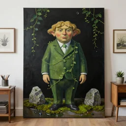 portrait an artist in her apartment, wrapped in vines, black walls, puddles, moss, stone, acrylic on canvas, by magritte