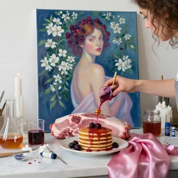 sensual, a female art student in her kitchen, raw pork, berry juice drips, pancakes, silk, juice, honey, painting of a woman, berries, white flowers in scientific glassware, art supplies, white candles dripping wax, neo - impressionist surrealism, acrylic and spray paint and oilstick on canvas