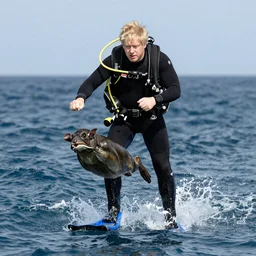 Boris Johnson wearing a scuba suit and riding a eunuch in to battle