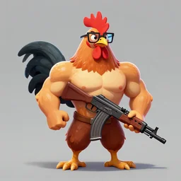 a muscular chicken with an ak - 4 7 wearing glasses, and red hair, digital art, artstation