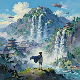 tiny businessman wearing a cape in front of a japanese city in the mountain surrounded by waterfall. cyberpunk, boats flying. beautiful blue sky. gorgeous epic nature, lofi, vivid colors, amazing light, by jeremy lipkin, by claude monet, heavily inspired by makoto shinkai, inspired by ghibli, masterpiece, multiple brush strokes, impressionist style