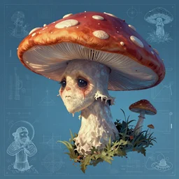 portrait of griefing mushroomfolk head and shoulders, in the style of Greg Broadmore and Arthur Rackham and Moebius, trending on artstation, light lighting side view,digital art,surrealism ,macro,blueprint ,vaporwave ,