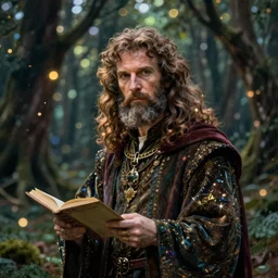 portrait of merlin, the wizard, in a fae forrest. bokeh, editorial photography, nikon d 7 5 0, 8 k, ycbcr, moody lighting, lumen reflections, oil painting by akihito yoshida, annibale carracci, camille corot, and ivan shishkin