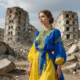 ukrainian girl with blue and yellow clothes near big ruined city, concept art, trending on artstation, highly detailed, intricate, sharp focus, digital art, 8 k