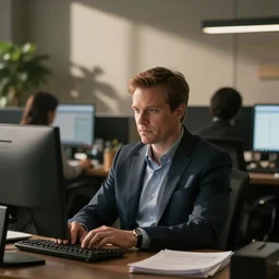 still from TV series, Jimmy Carr, working in an office, depth of field, bokeh
