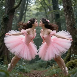 two brunette fairy women wearing pink romantic tutus flying around a forest, fantasy art, highly detailed, sharp focus, elegant, beautiful, amazing, astonishing, marvelous, incredible, trending on pixiv, anime