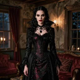 lucy lawless posing as a vampire in gothic clothing in a rustic apartment during night
