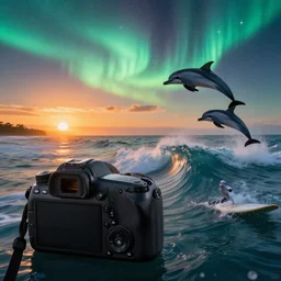 dslr, insanely beautiful surf, sunset, aurora, billions of stars, insane details, flying dolphins, hyper reallistic, 8 k,, ultra clear detail, hdr, textured, award winning, professional photography