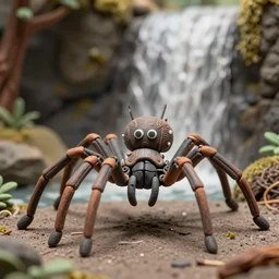 high - res photograph of a claymation sculpture action figure mechanical spider, highly detailed sculpey diorama, forest setting, waterfall backdrop, smooth, sharp foccus, commercial product photography,