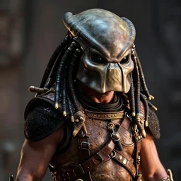 arnold schwarzenegger in predator costume , close up detailed photograph