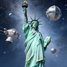 The Statue of Liberty repurposed as a space station, cosmic sci fi