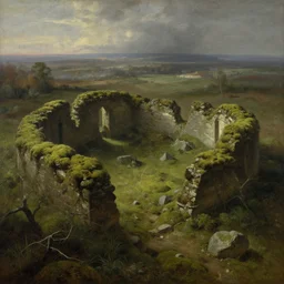 yavin iv, mossy ruins, overhead view, distance shot, painting by albert bierstadt
