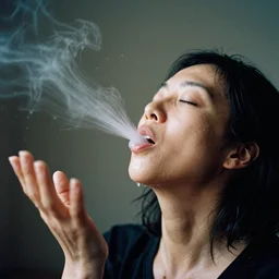 analog photographic portrait with 5 0 mm lens and f / 1 2. 0 of a 4 0 years old woman woman with her eyes closed and spurting from her mouth a white viscous fluid floating in the air. with a slight variation of light in the liquid and gesture.