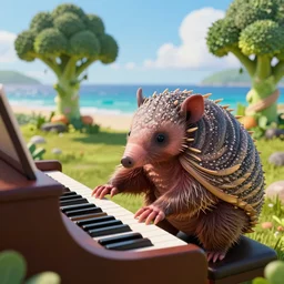 portrait of an armadillo playing piano on a beautiful island with broccoli trees, highly detailed, fantasy style, artstation, 8 k