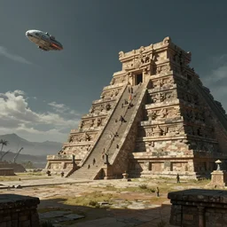 distant spacecraft approaching an ancient Aztec temple. epic sci-fi fantasy artwork by Sylvain Lorgeou. Trending on artstation