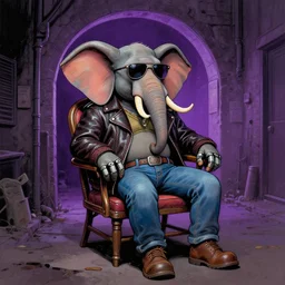 robot painting the image of an anthropomorphic elephant wearing sunglasses, leather jacket and jeans sitting on a chair while behind him is a purple portal in a dark alley, in western comic book art style