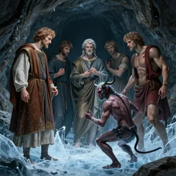 dante alighieri and the poet virgil looking at the devil who is frozen in ice in a cavern 4 k, concept art, by wlop, ilya kuvshinov, artgerm, krenz cushart, greg rutkowski, pixiv. cinematic dramatic atmosphere, sharp focus, volumetric lighting, cinematic lighting, studio quality