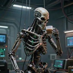 photorealistic torso of a terminator with borg implants and a human face is hanging from cables and wires off the ceiling of an futuristic abandoned computer room and plugged into a quantum computer. bottom half of the terminator's body is missing with cables sticking out. The Terminator is taking a sip from a cup of coffee. Tiny green led lights in the terminator's cybernetics. very detailed 8k. Cyberpunk horror style.