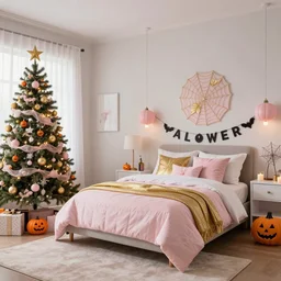 homemade pink and gold halloween themed christmas bedroom ideas, high resolution, creative, visually appealling