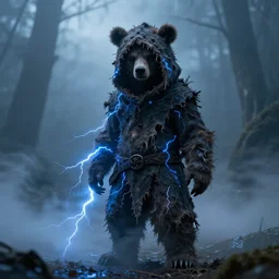 character design, 2 0 - year - old dark fantasy druid, tattered bear hood, blue lightning, blue mist, fog, scary, photorealistic, cinematic, hyper realistic, octane render, 8 k, wide angle