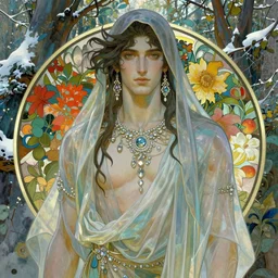 portrait, male god, diaphanous robes, shawl, veil, androgyny, pale skin, long dark hair, beautiful, lush flora, vibrant winter forest background, elaborate crystal jewelry, earrings, artstation, ilya kuvshinov, alphonse mucha, conrad roset, rossdraws, greg rutkowski, illustration, realistic