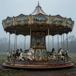 an old amusement park, merrygoround, rust,, by pieter bruegel the elder, fine art, cool color palette, 3 d, 8 k, hdr, sad, global illumination, mist, in a symbolic and meaningful style, a sense of melancholic and loneliness