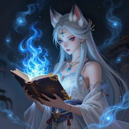 gorgeous!!! hyper - realstic kitsune sorceress, holding a tattered magical book, casting a flame spell, blue flames, surrounded by will - o'- the - wisp, spirits | drawn by wlop, drawn by jeehyung lee, drawn by artgerm | fantasy, dark, intricate, highly detailed, digital painting, character design, concept art, illustration, artstation