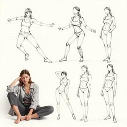 full page of pose explorations, line of action, still life, pose model, character exploration, character sheet, pose expression