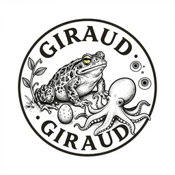 a drawing of a Giraud logo with, toads, eggs, a vine and eyes and octupus
