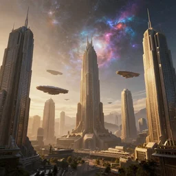 The futuristic sci-fi city has tall brutalist architecture buildings, some giant spaceships are flying over the city, the background has a detailed heavenly and iridescent light from nebulas, panoramic view, cyberpunk, matte painting, concept art, dramatic lighting, golden hour, 4k, 8k, trending on Artstation, realistic