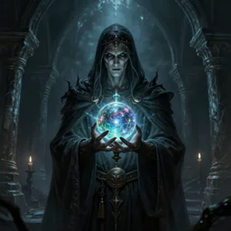 a lich holding a magical orb, surrounded by an aura of darkness, in a medieval crypt, fantasy horror art, digital painting, HDR, 8k, cgsociety