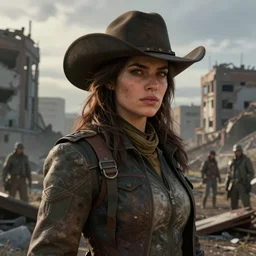 fallout 5, charismatic beautiful, rugged, brunette female protagonist wearing a cowboy - hat, portrait, outdoors ruined cityscape, atmospheric lighting, painted, intricate, volumetric lighting, beautiful, daytime, harsh winter weather, sharp focus, deep colours, ultra detailed, by leesha hannigan, ross tran, thierry doizon, kai carpenter, ignacio fernandez rios
