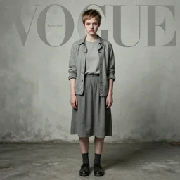 vogue magazine cover : full - body portrait of shortpixiecut sadie sink as a poor girl in a grey faded decaying oversized old man's coat and wearing a yellow scarf. defiant : soviet steamcyberpunk, ultrarealistic, photorealistic, intricate detail, photograph by anne leibovitz