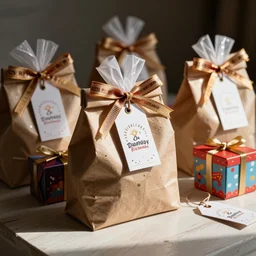 day of the death birthday party celebration, close up photo of party favors, fun bags, loot boxes, gifts tags, favor tags